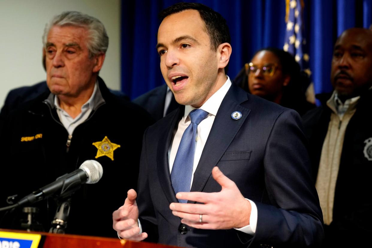 New Jersey Attorney General Matthew Platkin is shown during a press conference in Newark after Imam Hassan Sharif was killed, Wednesday, January 3, 2024. Platkin said he does not believe it is an act of domestic terrorism.