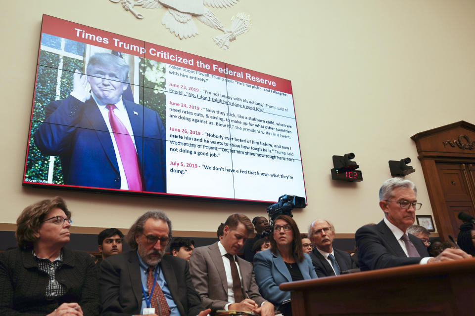 WASHINGTON, July 10, 2019 -- U.S. Federal Reserve Chairman Jerome Powell 1st R testifies before the House Financial Services Committee on the state of the U.S. economy, on Capitol Hill in Washington D.C., the United States, on July 10, 2019. Jerome Powell said Wednesday that crosscurrents such as trade tensions and concerns about global growth have been weighing on the U.S. economic activity and outlook. (Photo by Liu Jie/Xinhua via Getty) (Xinhua/Liu Jie via Getty Images)