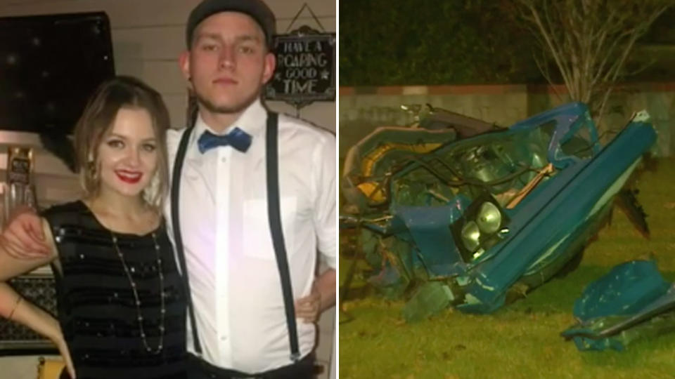 Jack Bryant pictured with his girlfriend (left). Right is the crash scene. Source: 9News