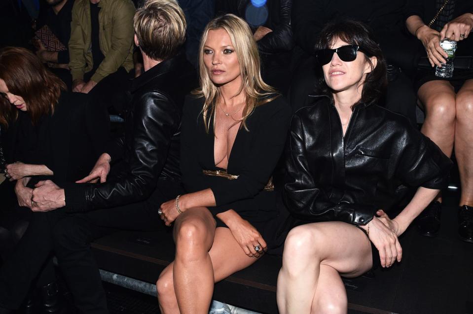 <p>The model and actress sit front row in Saint Laurent at the resort show in New York.</p>