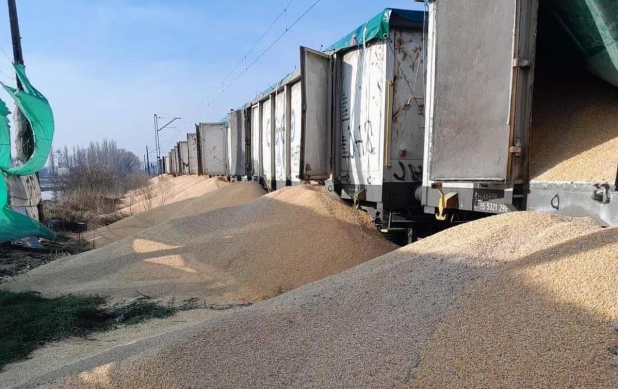 The grain emptied out of wagons near the village of Kotomierz travelling to the port of Gdansk in Poland