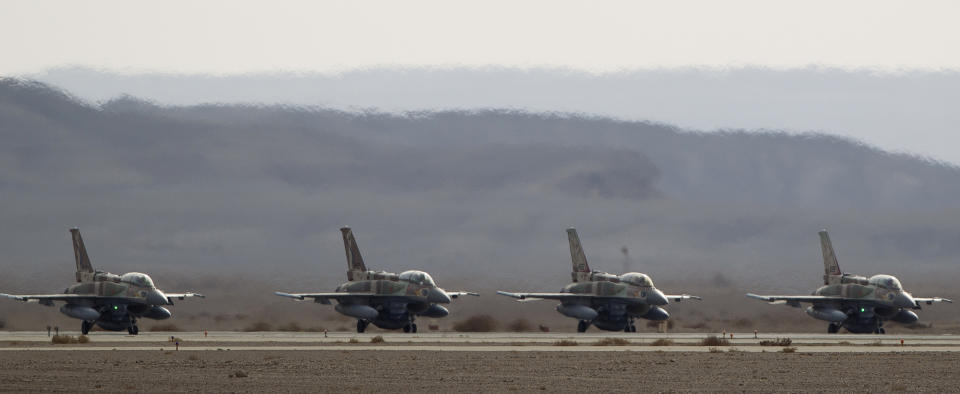 FILE - In this Monday, Nov. 25, 2013 file photo, Israeli air force F-16 wait in line to take off from Ovda airbase near Eilat, southern Israel, during the Blue Flag exercise. Croatia's defense minister says Israel has failed to overcome U.S. objections to a plan to sell 12 used fighter jets to Croatia and the $500 million deal will likely be canceled. Damir Krsticevic spoke after a meeting with Israeli defense officials in Zagreb on Thursday, Jan. 10, 2019. (AP Photo/Ariel Schalit, file)