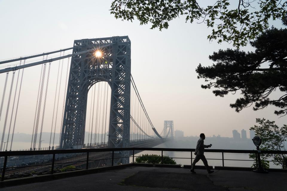 Haze from the forest fires in Canada have obscured the New York City Skyline seen from the Fort Lee Historic Park on Thursday June 8, 2023. 