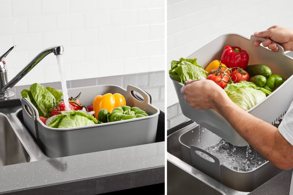 A Kmart strainer sits in a sink basin (left) as a woman lifts the innards out of the strainer (right).