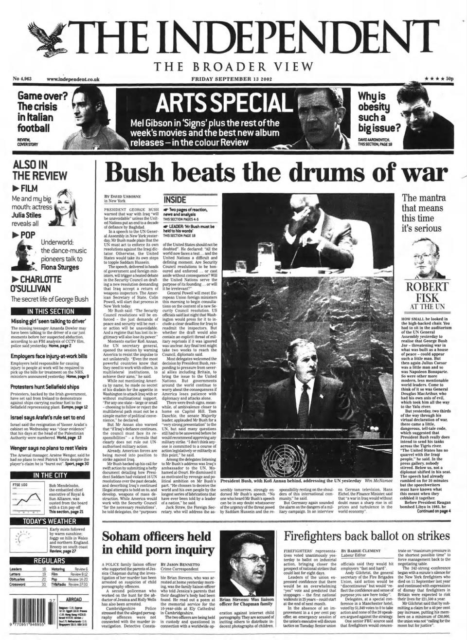 The Independent front page on 13 September 2002 (The Independent)