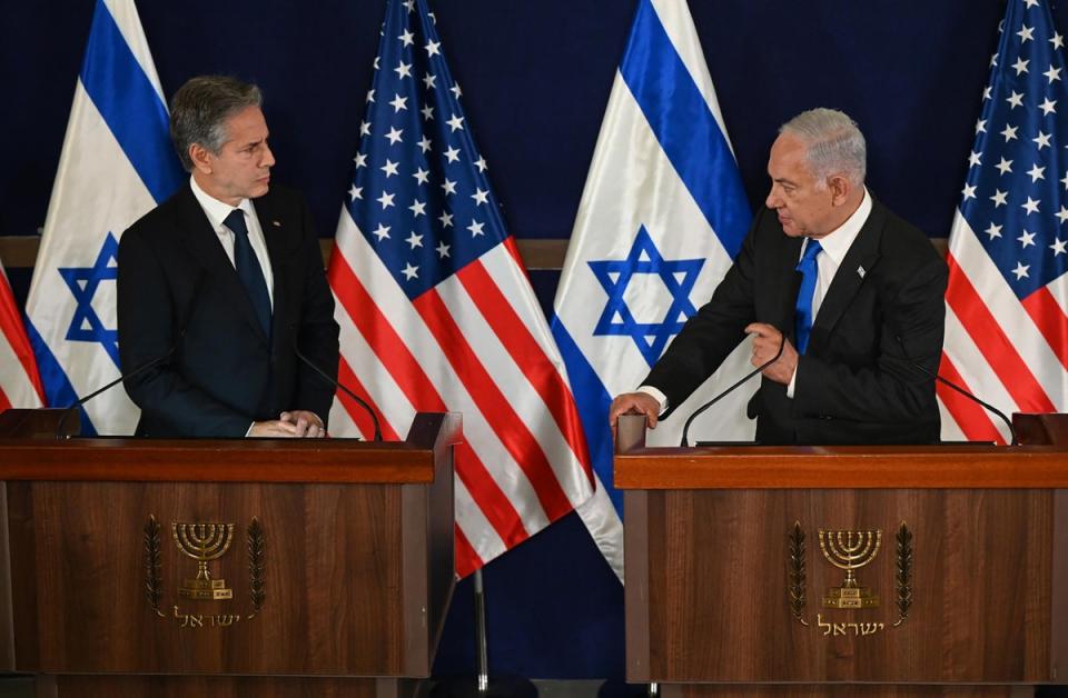 Israeli prime minister Benjamin Netanyahu and US secretary of state Antony Blinken hold a joint press conference (EPA)