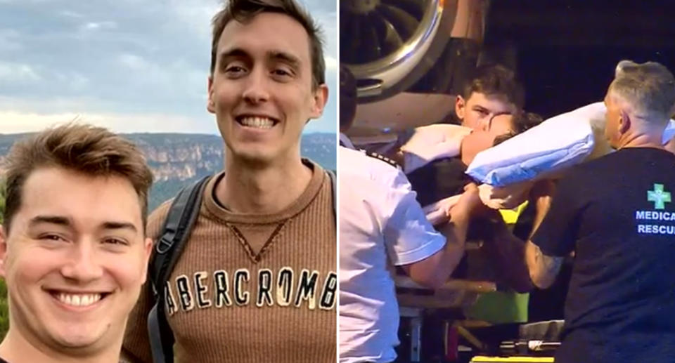 Left, Alex Shorey and his brother. Right Alex Shorey being medically evacuated back to Australia. Source: 9News