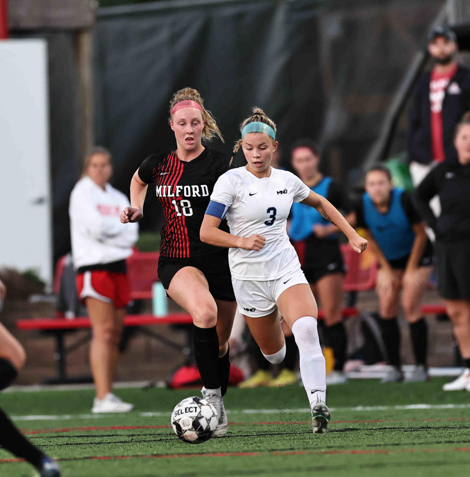 Mount Notre Dame's Peyton Kohls and Milford's Lindsey Taylor for the ball during a soccer game Saturday, Sept. 24. MND is the defending Division I state champion.