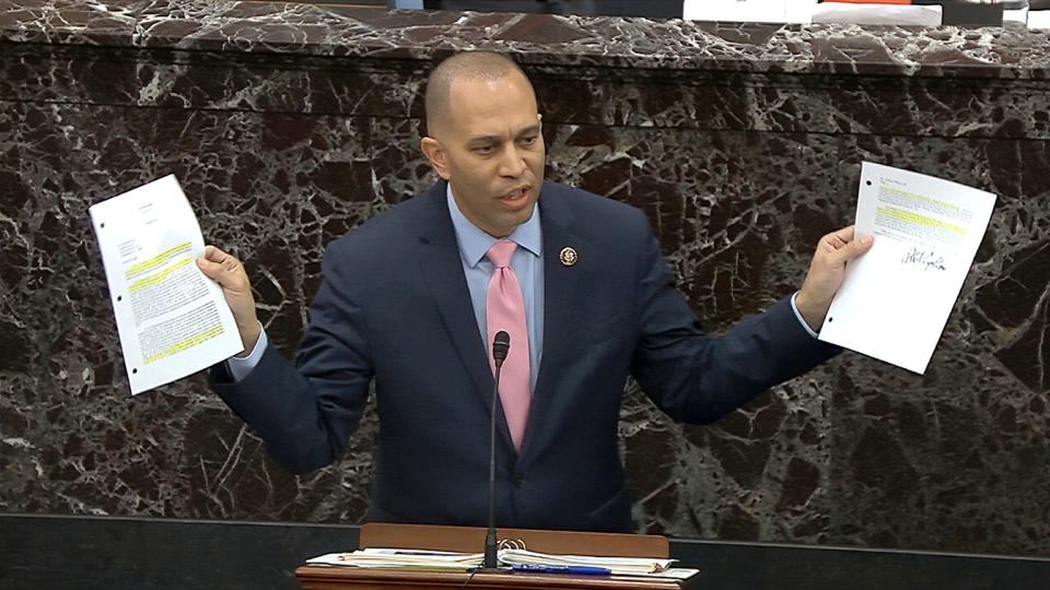 House impeachment manager Rep. Hakeem Jeffries, D-N.Y., answers a question during the impeachment trial against President Donald Trump in the Senate at the U.S. Capitol in Washington onJan. 29, 2020. (Senate Television via AP)