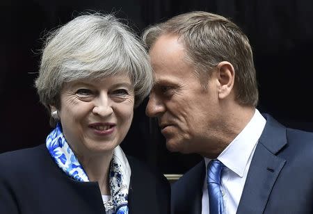 Britain's Prime Minister, Theresa May, greets Donald Tusk, the President of the European Council, outside 10 Downing Street, in central London, Britain April 6, 2017. REUTERS/Hannah McKay