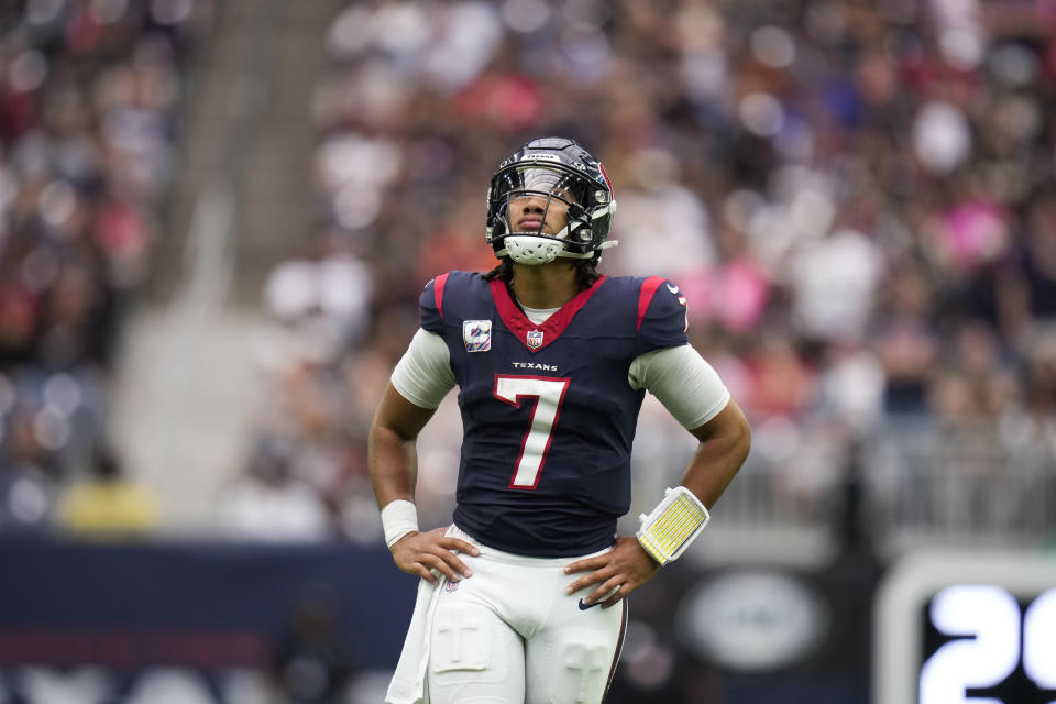 Houston Texans quarterback C.J. Stroud (7) reacts after being sacked in the second half of an NFL football game against the New Orleans Saints in Houston, Sunday, Oct. 15, 2023. (AP Photo/Eric Christian Smith)