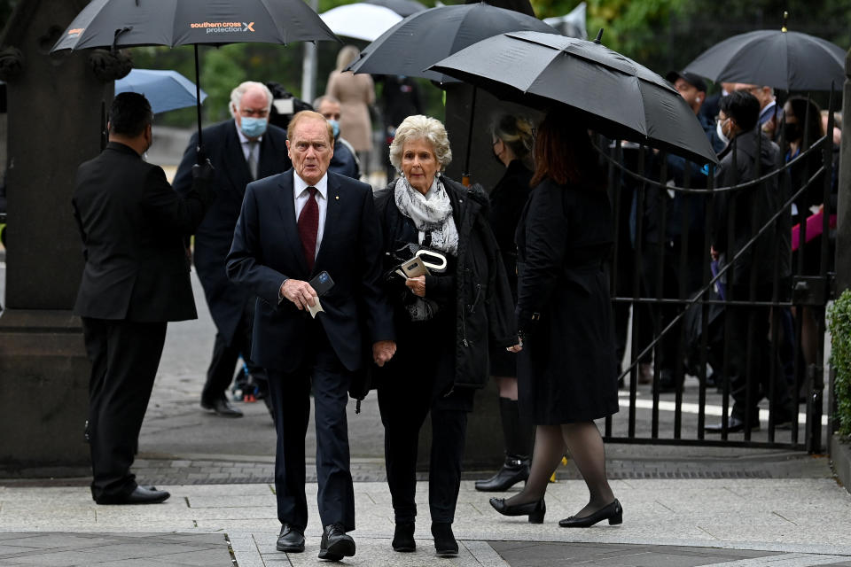 Pete Smith and wife Jackie arrive at the State Funeral Service for Bert Newton. Photo: AAP