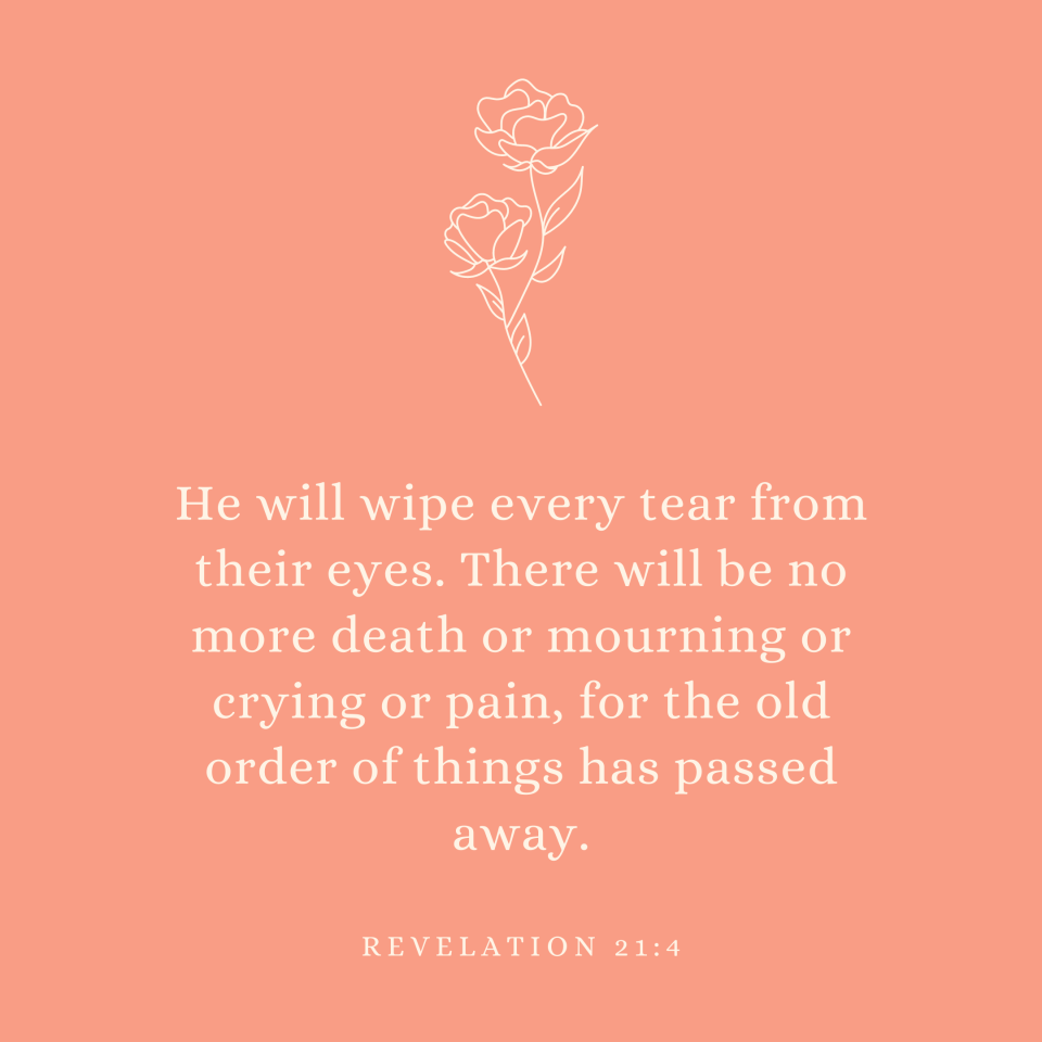 Revelation 21:4 He will wipe every tear from their eyes. There will be no more death or mourning or crying or pain, for the old order of things has passed away.