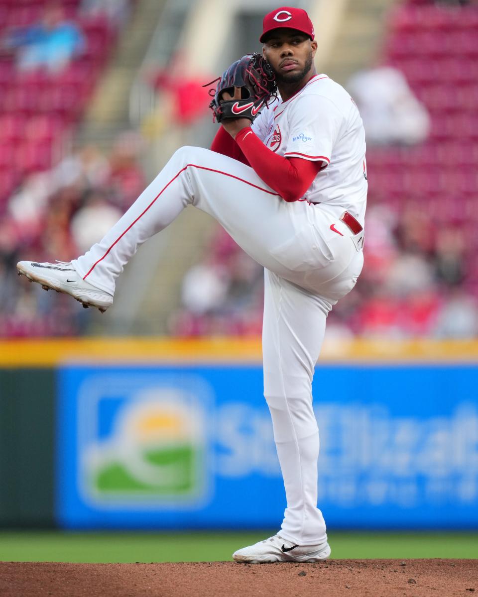 Cincinnati Reds pitcher Hunter Greene (21) delivers a pitch in the first inning of a baseball game against the Philadelphia Phillies, Monday, April 22, 2024, at Great American Ball Park in Cincinnati.