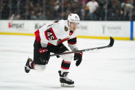 Ottawa Senators' Parker Kelly chases the puck during the first period of an NHL hockey game against the Anaheim Ducks Friday, Nov. 26, 2021, in Anaheim, Calif. (AP Photo/Jae C. Hong)