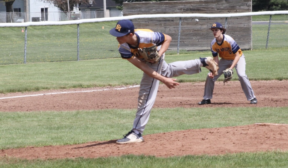 Karter Stubleski threw a two-hit shutout Saturday as Erie Mason salvaged the second game of a doubleheader against Britton Deerfield with a 4-0 win. Playing third base behind him is Brody Koehl.