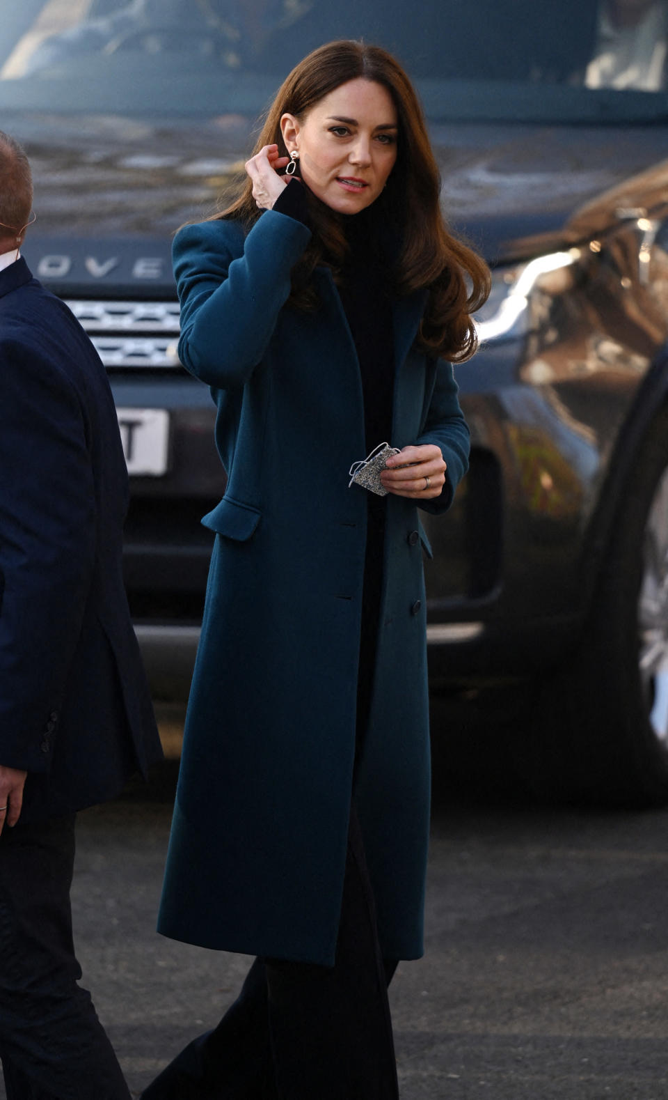 Kate Middleton porte des boucles d'oreilles Accessorize, à son arrivée au Foundling Museum, le 19 janvier