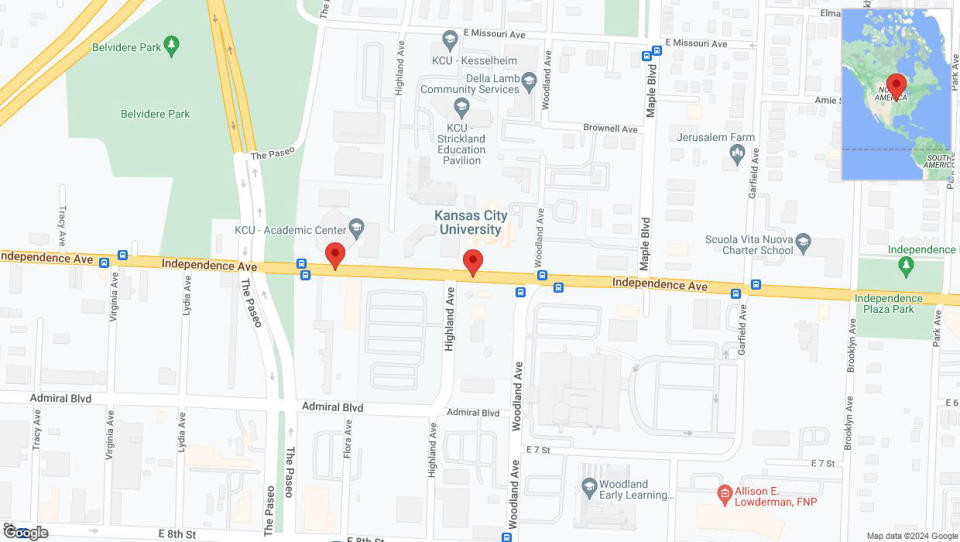 A detailed map that shows the affected road due to 'Independence Avenue/US-24 closed in Kansas City' on July 16th at 10:50 p.m.