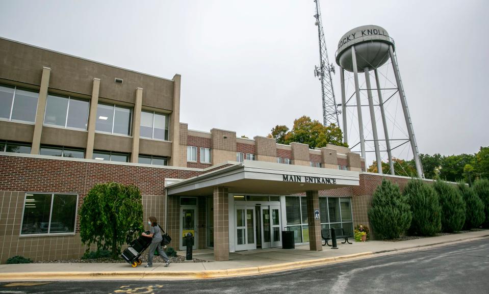 An exterior of the main entrance to Rocky Knoll, Tuesday, October 12, 2021, in Plymouth, Wis.