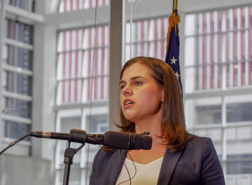 Colorado Secretary of State Jena Griswold speaks at a news conference in Denver, Wednesday, Oct. 16, 2019. Colorado officials said they want the U.S. Supreme Court to overturn an appeals court ruling that presidential electors can vote for the candidate of their choice and aren't bound by the popular vote in their states. (Jesse Paul/The Colorado Sun via AP)