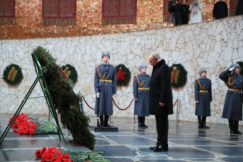 Russian President Vladimir Putin attends a wreath-laying ceremony during an event marking the 80th anniversary of the Battle of Stalingrad, in Volgograd