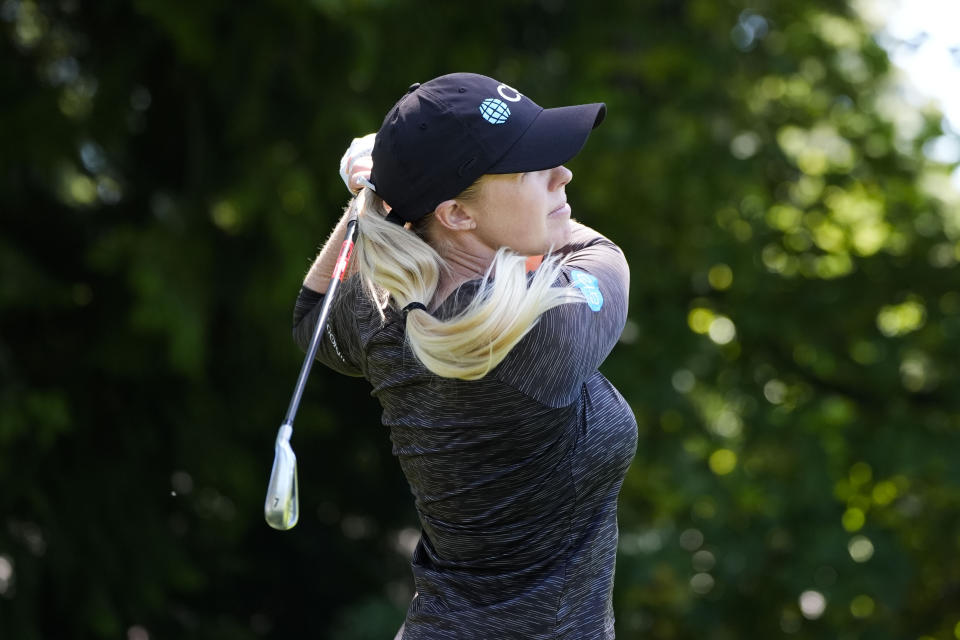 Stephanie Meadow, of Northern Ireland, hits off the fifth tee during a practice round for the Womens PGA Championship golf tournament at Sahalee Country Club, Wednesday, June 19, 2024, in Sammamish, Wash. (AP Photo/Gerald Herbert)