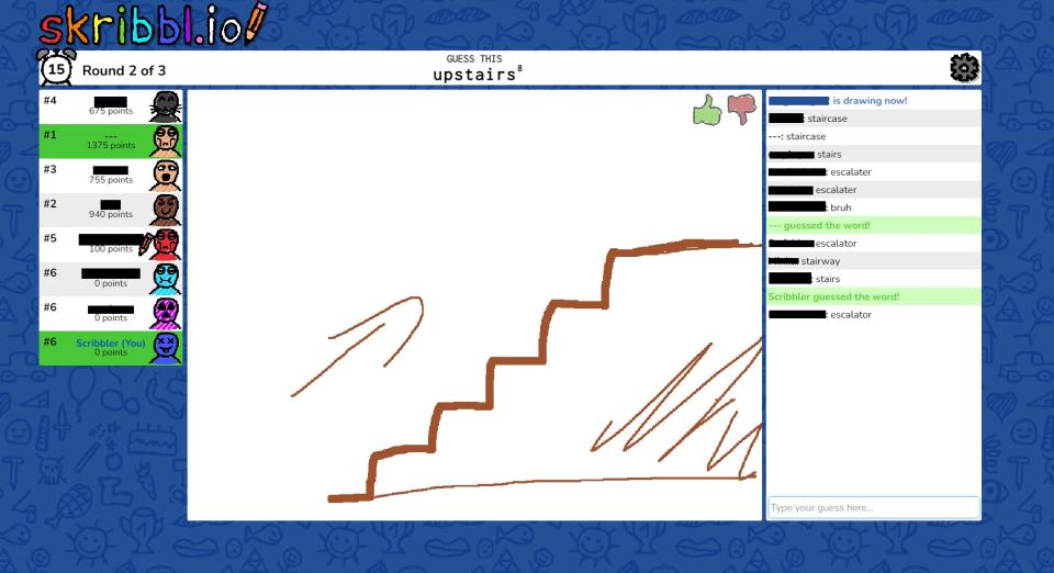 Skribbl.io match of a player drawing stairs