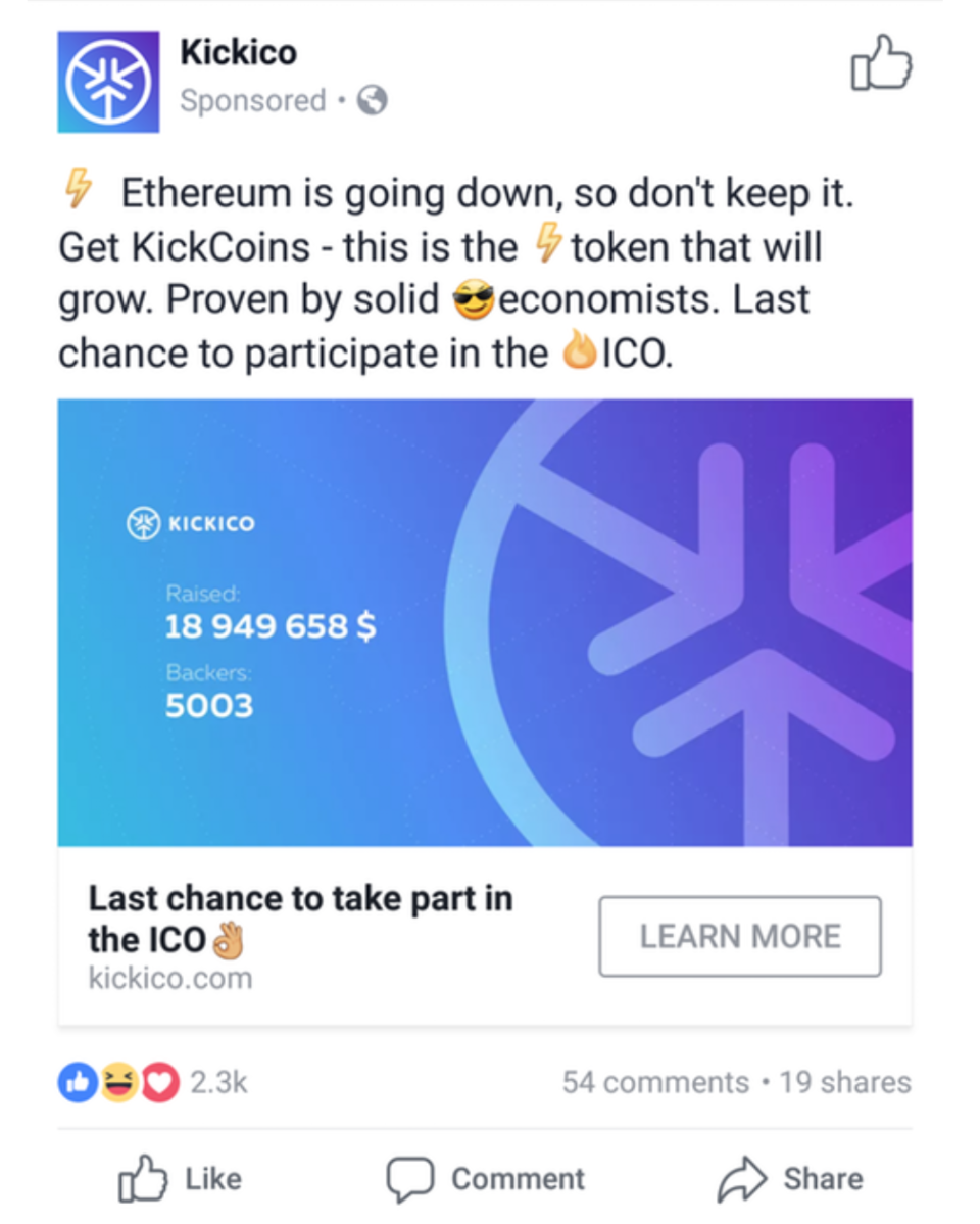 A promoted Facebook ad for an ICO, shared to Reddit in September 2017. (r/ethereum)