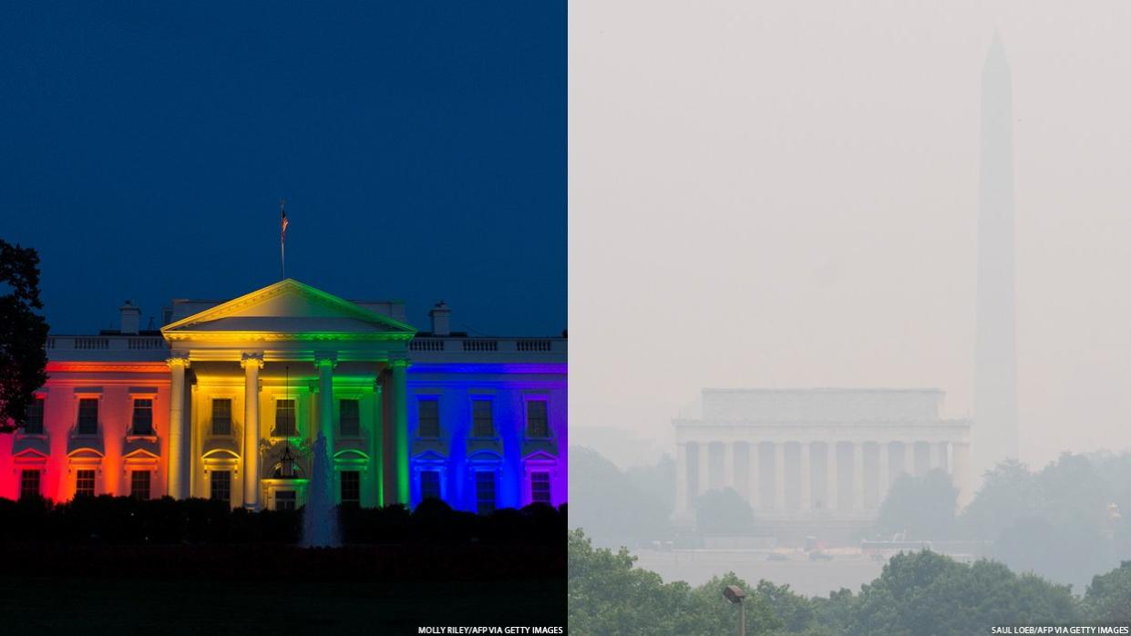 White House in pride colors and a hazy D.C. skyline