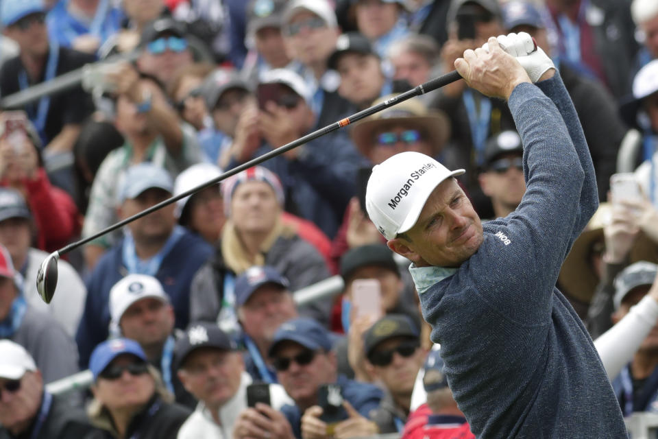 Justin Rose, of England, watches his tee sho on the fourth hole during the third round of the U.S. Open golf tournament Saturday, June 15, 2019, in Pebble Beach, Calif. (AP Photo/Matt York)