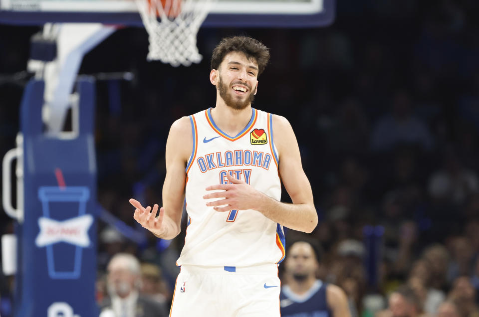 Dec 18, 2023; Oklahoma City, Oklahoma, USA; Oklahoma City Thunder forward Chet Holmgren (7) smiles after a play against the Memphis Grizzlies during the second half at Paycom Center. Mandatory Credit: Alonzo Adams-USA TODAY Sports