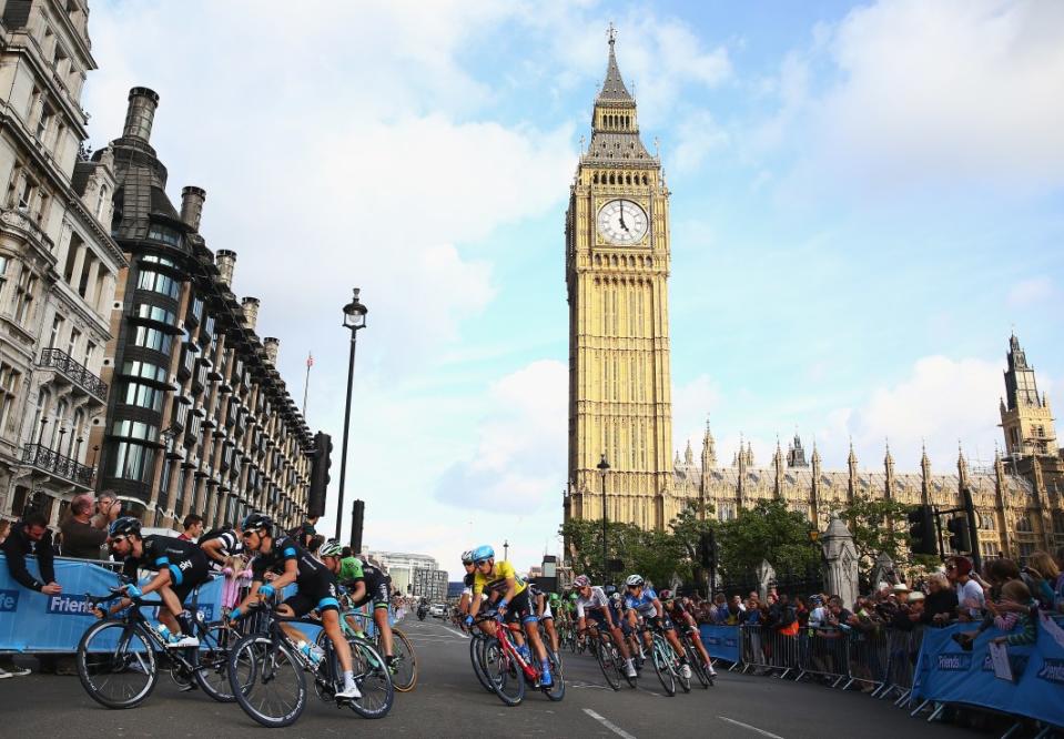 LONDON, ENGLAND - SEPTEMBER 14:  Yellow jersey Tour of Britain winner Dylan van Baarle of The Netherlands and Garmin-Sharp rides in the peloton on the final stage of the 2014 Tour of Britain, an 88km criterium around Whitehall on September 14, 2014 in London, England.  (Photo by Bryn Lennon/Getty Images)