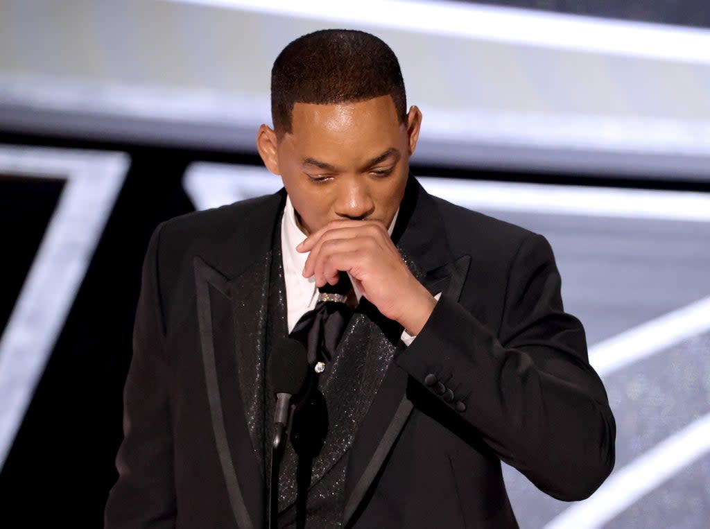 Will Smith accepting his Oscar for Best Actor, shortly after hitting Chris Rock for a joke about his wife, Jada Pinkett Smith (Getty Images)