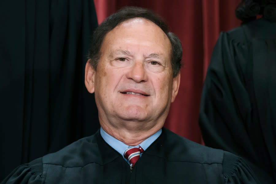 FILE - Associate Justice Samuel Alito joins other members of the Supreme Court as they pose for a new group portrait, Oct. 7, 2022, at the Supreme Court building in Washington. Alito on Friday, Sept. 8, 2023, rejected demands from Senate Democrats that he step aside from an upcoming Supreme Court case because of his interactions with one of the lawyers, in a fresh demonstration of tensions over ethical issues. (AP Photo/J. Scott Applewhite, File)