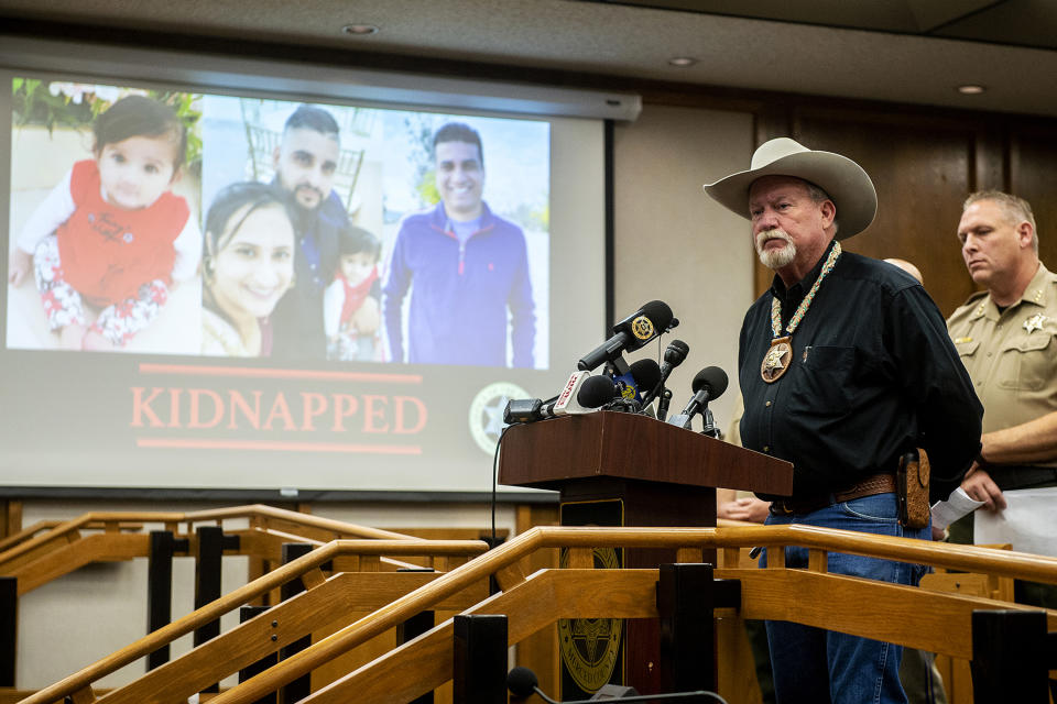 Merced County Sheriff Vern Warnke speaks at a news conference about the kidnapping of 8-month-old Aroohi Dheri, her mother Jasleen Kaur, her father Jasdeep Singh, and her uncle Amandeep Singh, in Merced, Calif., on Wednesday, Oct. 5, 2022. Relatives of the family kidnapped at gunpoint from their trucking business in central California pleaded for help Wednesday in the search for an 8-month-old girl, her mother, father and uncle, who authorities say were taken by a convicted robber who tried to kill himself a day after the kidnappings. (Andrew Kuhn/The Merced Sun-Star via AP)