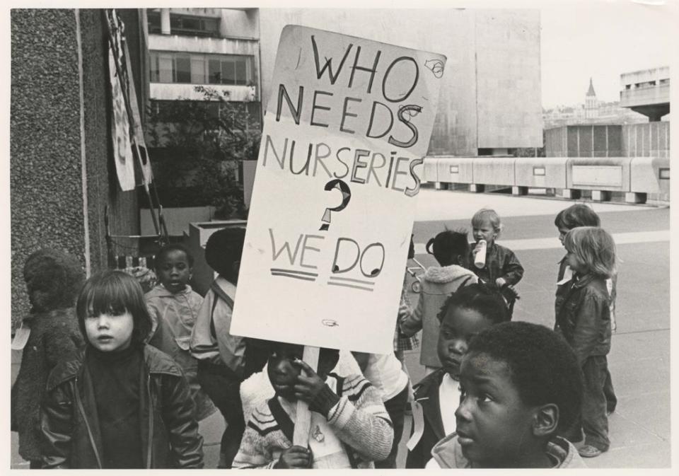 Part of the Hackney Flashers documentary photography project, Who’s Holding the Baby?, which showed the lack of childcare and impact this had on women’s lives. The image featured at the Three Perspectives on Photography exhibition at the Hayward Gallery in 1979 (Maggie Murray)