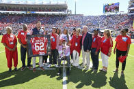 James Meredith, who in 1962 became the first Black student to enroll at the University of Mississippi, is honored during the first half of an NCAA college football game between Mississippi and Kentucky in Oxford, Miss., Saturday, Oct. 1, 2022. The university is holding several events this academic year to mark 60 years of integration and to honor Meredith's legacy. (AP Photo/Thomas Graning)