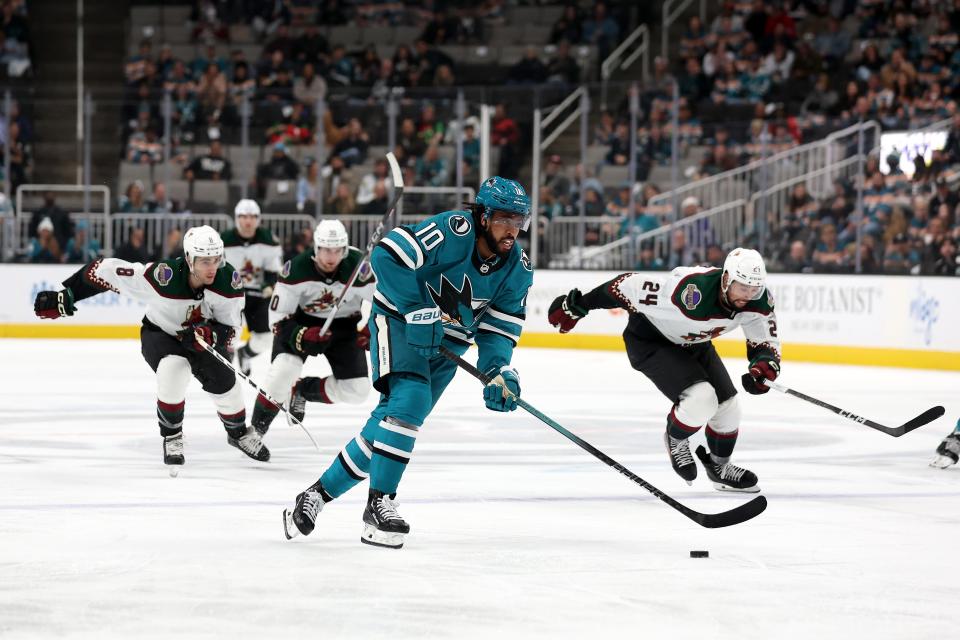 Anthony Duclair #10 of the San Jose Sharks breaks away from the Arizona Coyotes on his way to scoring a goal in the second period at SAP Center on Dec. 21, 2023 in San Jose, California.