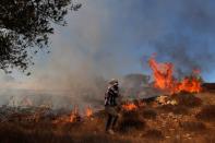 Grass burns in an olive field after Israeli forces fired tear gas canisters during a Palestinian protest against Jewish settlements, near Ramallah in the Israeli-occupied West Bank