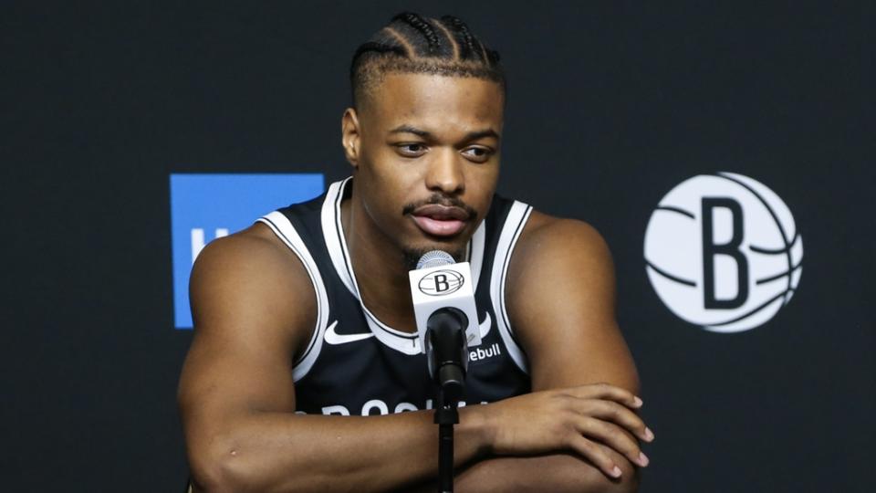 Oct 2, 2023; Brooklyn, NY, USA; Brooklyn Nets guard Dennis Smith Jr. (4) at Brooklyn Nets Media Day. Mandatory Credit: Wendell Cruz-USA TODAY Sports