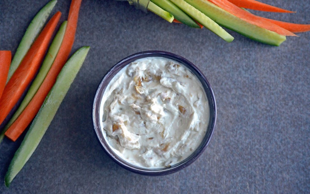 <p>Natalie Rizzo</p><p>Caramelized onions and Greek yogurt make an irrestible, protein-rich dip! </p><p><strong>Get the recipe: <a href="/842243/communitytable/build-your-bones-with-this-caramelized-onion-dip/" data-ylk="slk:Caramelized Onion Dip;elm:context_link;itc:0;sec:content-canvas" class="link rapid-noclick-resp">Caramelized Onion Dip</a></strong></p>