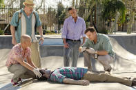 David Zayas as Angel Batista, Desmond Harrington as Joey Quinn, C.S. Lee as Vince Masuka, and Michael C. Hall as Dexter Morgan in the "Dexter" Season 8 episode, "Every Silver Lining."