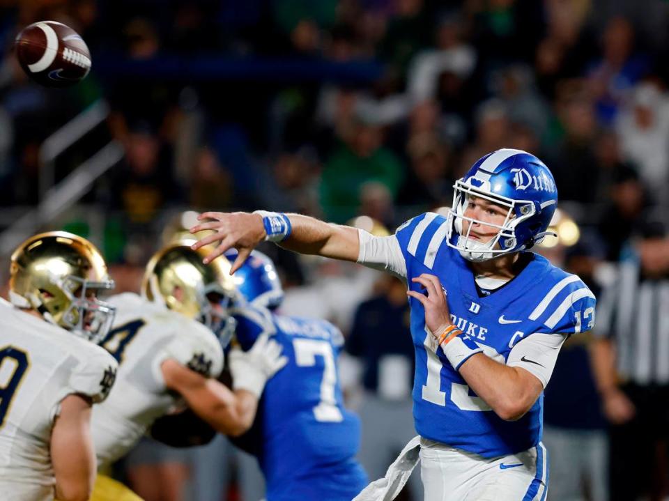 Duke’s Riley Leonard throws a pass during the second half of the Blue Devils’ 21-14 loss to Notre Dame at Wallace Wade Stadium on Saturday, Sept. 30, 2023, in Durham, N.C.