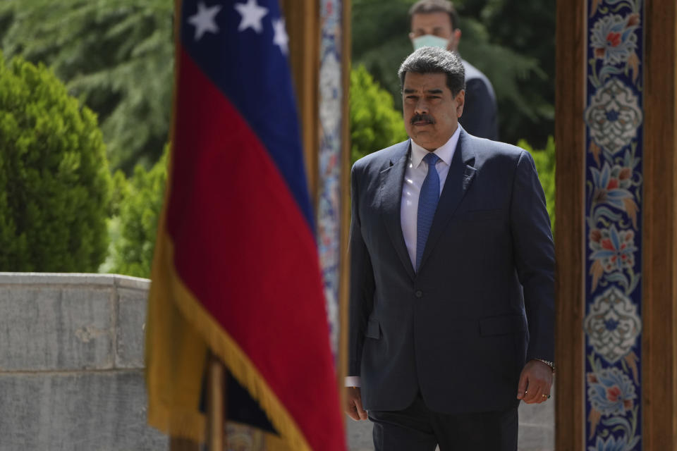 Venezuela's President Nicolas Maduro, arrives for an official welcoming ceremony at the Saadabad Palace in Tehran, Iran, Saturday, June 11, 2022. (AP Photo/Vahid Salemi)