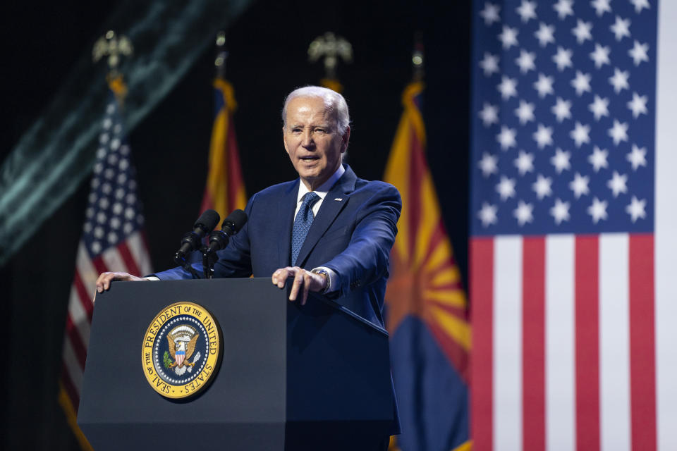 President Joe Biden delivers remarks on democracy and honoring the legacy of the late Sen. John McCain at the Tempe Center for the Arts, Thursday, Sept. 28, 2023, in Tempe, Ariz. (AP Photo/Evan Vucci)