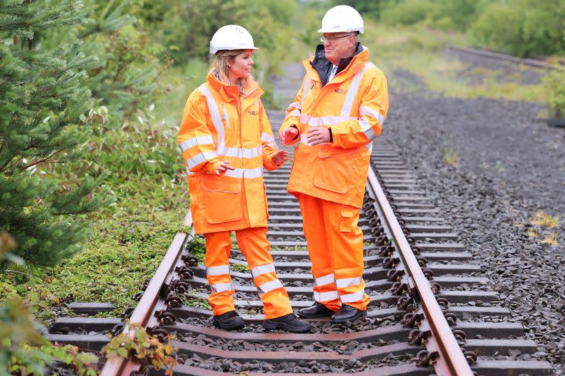 North East Mayor Kim McGuinness and Gateshead Council leader Martin Ganno on the Leamside Line at Follingsby to announce an £8.6 million investment to develop the Washington Metro loop.