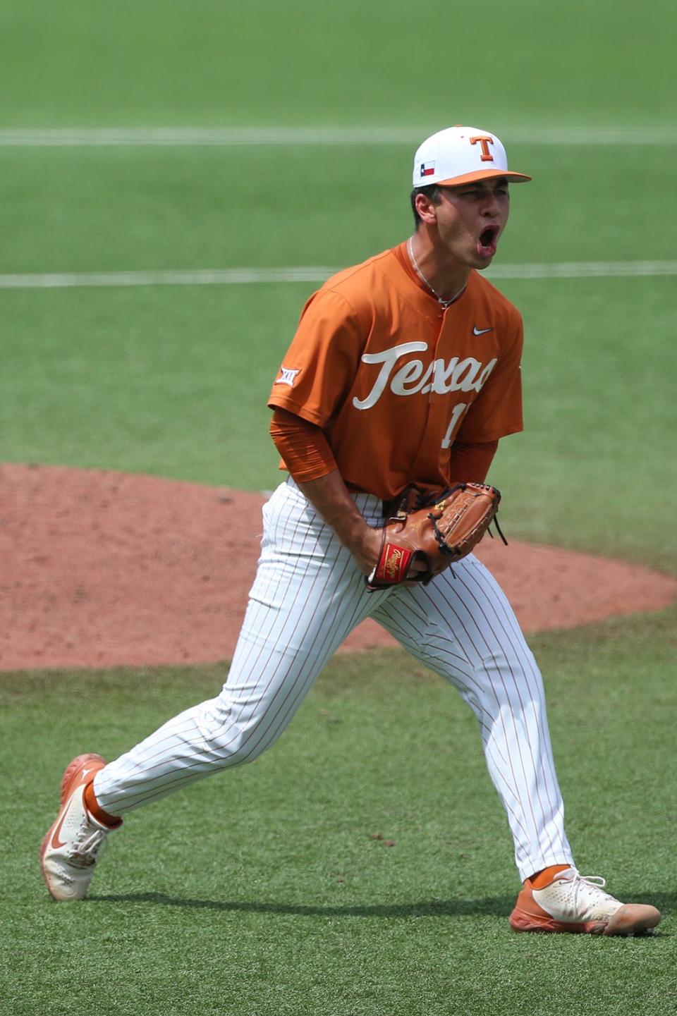 Texas pitcher Lucas Gordon reacts after getting out of a bases-loaded jam in a 10-8 loss to Oklahoma State on Sunday May 1, 2022 in Austin, Texas