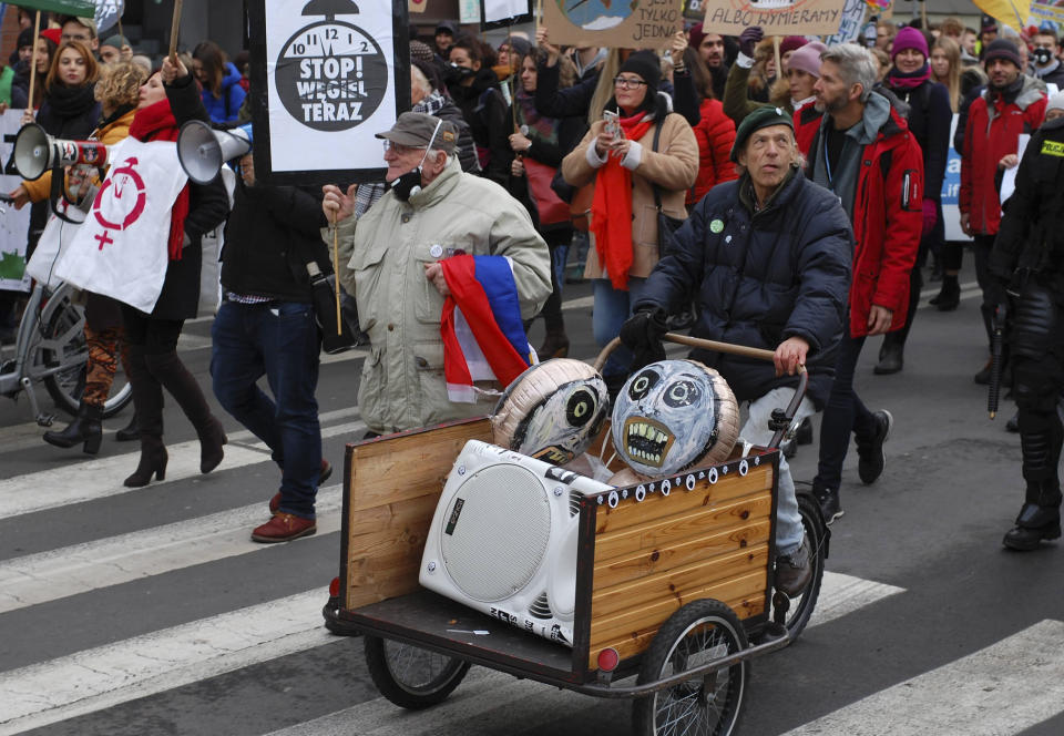 Protestors participates in a march calling for an end to fossil fuel use during the two-week COP24 global climate talks in Katowice, Poland, on Saturday, Dec.8, 2018. (AP Photos/Frank Jordans)