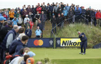 Northern Ireland's Darren Clarke plays his tee shot on the 9th hole during the first round of the British Open Golf Championships at Royal Portrush in Northern Ireland, Thursday, July 18, 2019.(AP Photo/Peter Morrison)