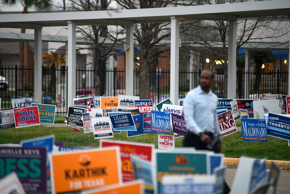 Election signs on March 5, 2024, outside of the Metropolitan Multi-Service Center in Houston, Texas.